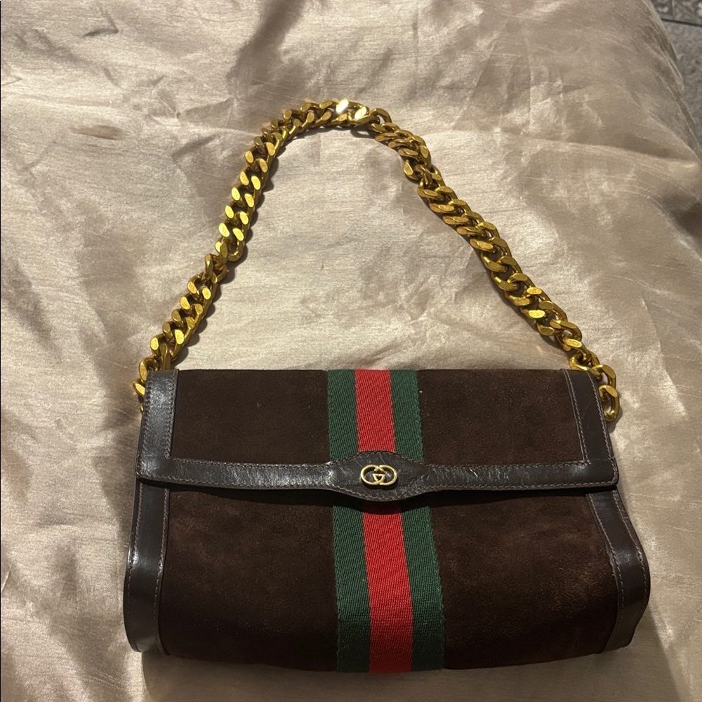 Vintage Gucci Parfums Suede Brown Envelope Pouch Ophedia D Rings & Gold Chain
